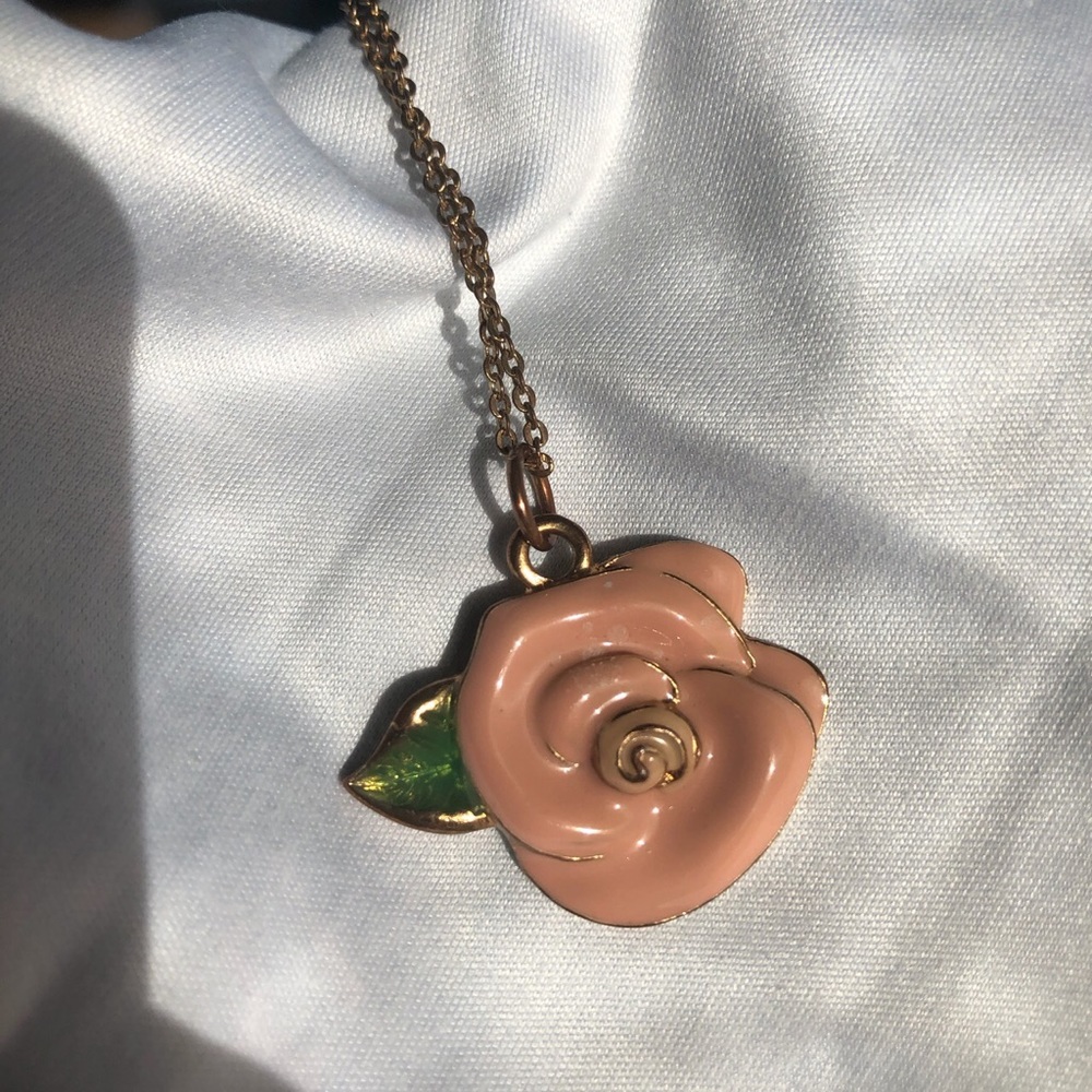 Vintage gold pink rose necklace